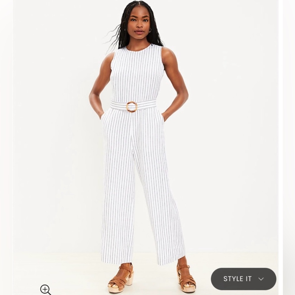 LOFT White & Grey Striped Jumpsuit EUC